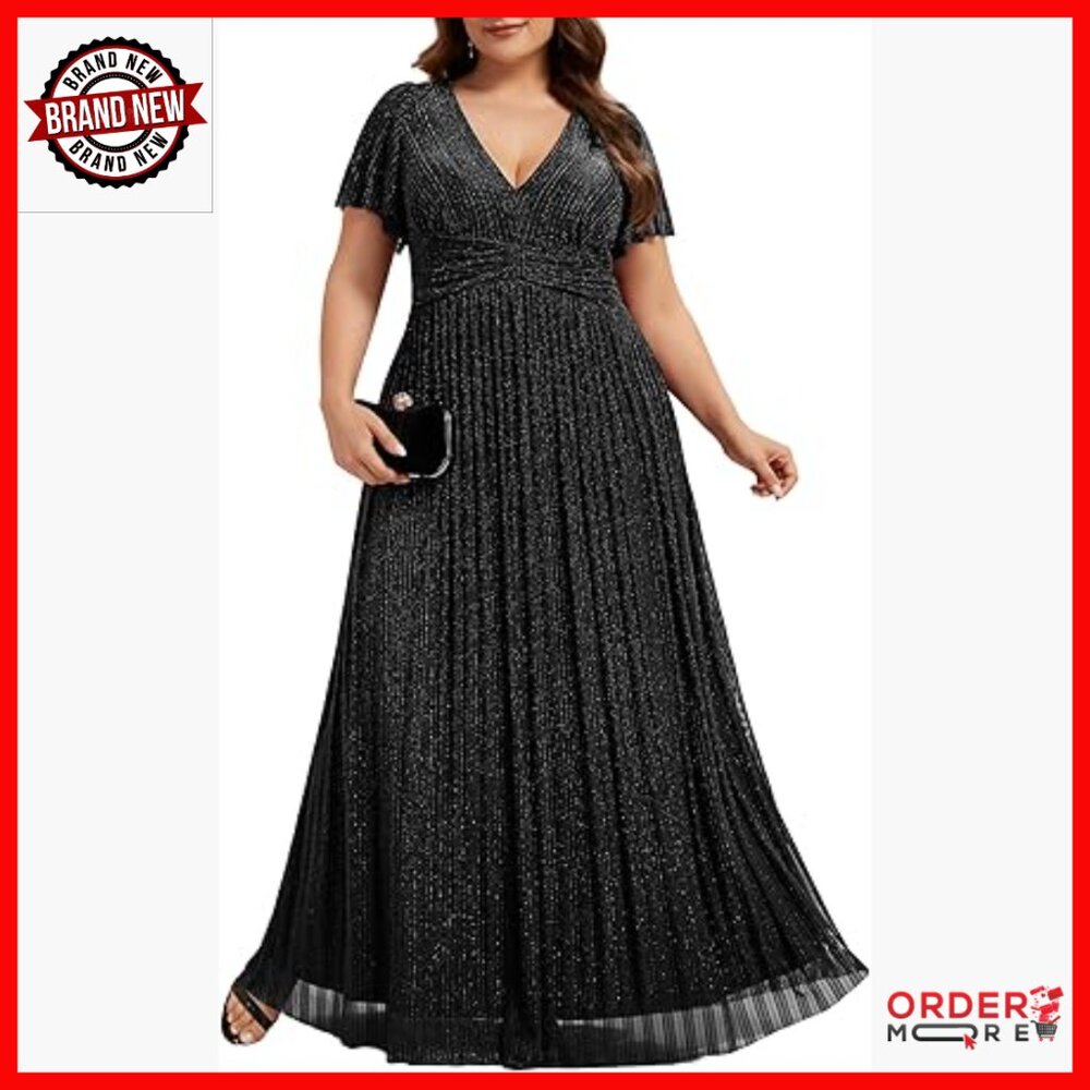 Plus Size Glitter A-Line Formal Dress V-Neck Short Sleeve Evening Gown